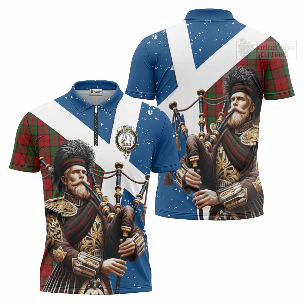 Tartan Vibes Clothing Dunbar Tartan Zipper Polo Shirt with Family Crest Scottish Bagpiper Vibes