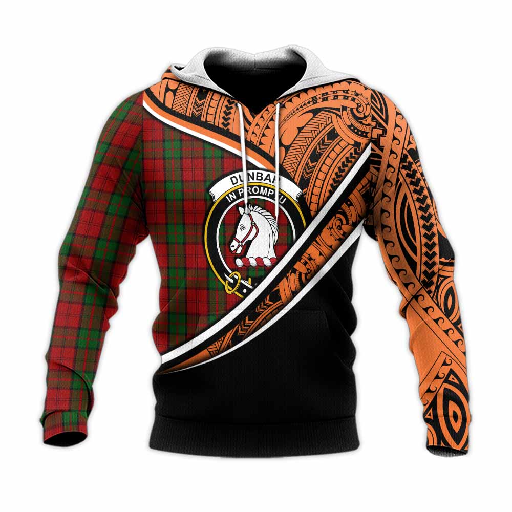 Tartan Vibes Clothing Dunbar Crest Tartan Knitted Hoodie with Maori Tattoo Style - Orange Version