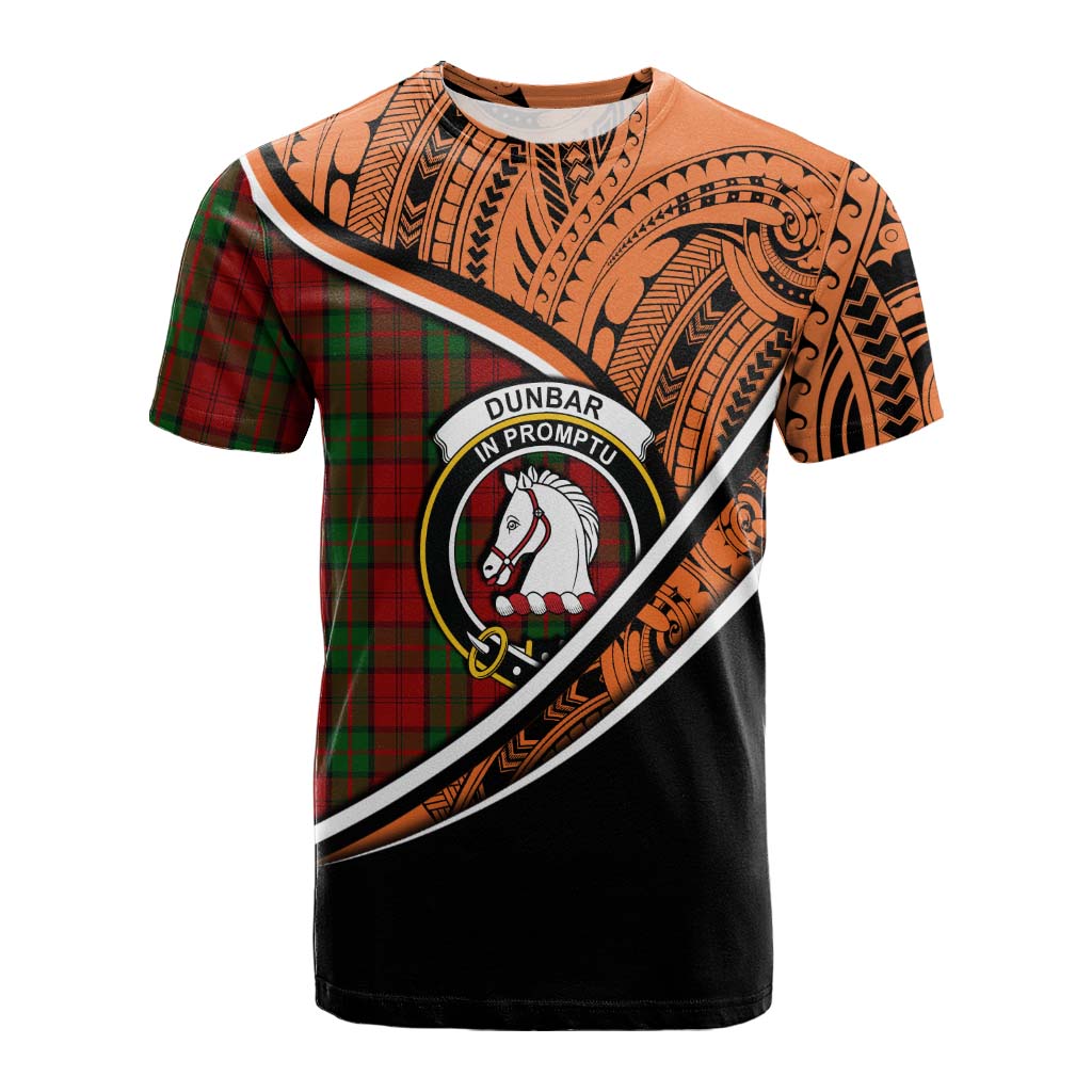 Tartan Vibes Clothing Dunbar Crest Tartan Cotton T-shirt with Maori Tattoo Style - Orange Version