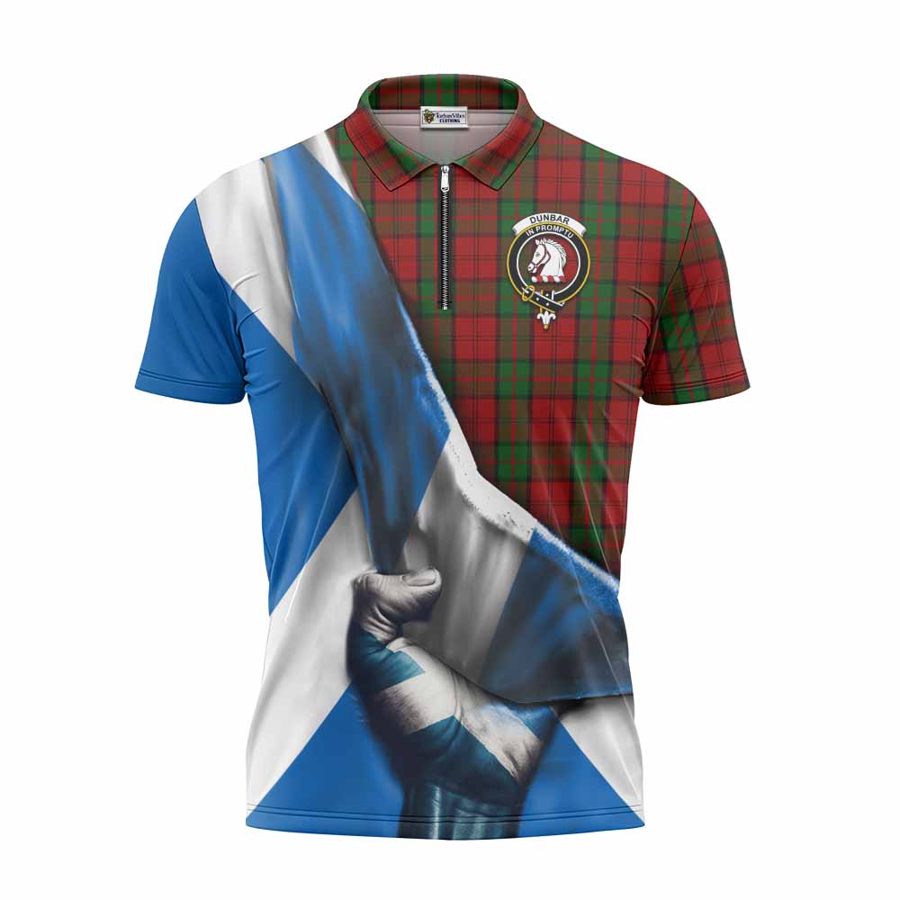 Tartan Vibes Clothing Dunbar Tartan Zipper Polo Shirt with Family Crest Scotland Patriotic Style