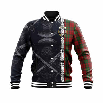 Dunbar Tartan Baseball Jacket with Family Crest Cross Sword Thistle Celtic Vibes