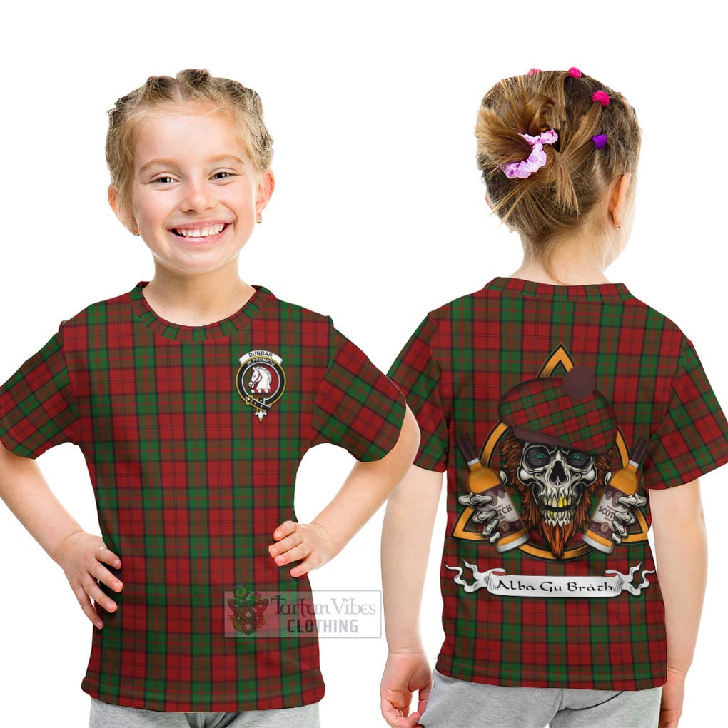 Tartan Vibes Clothing Dunbar Tartan Kid T-Shirt with Family Crest and Bearded Skull Holding Bottles of Whiskey