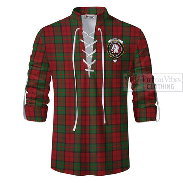 Dunbar Tartan Ghillie Kilt Shirt with Family Crest and Bearded Skull Holding Bottles of Whiskey