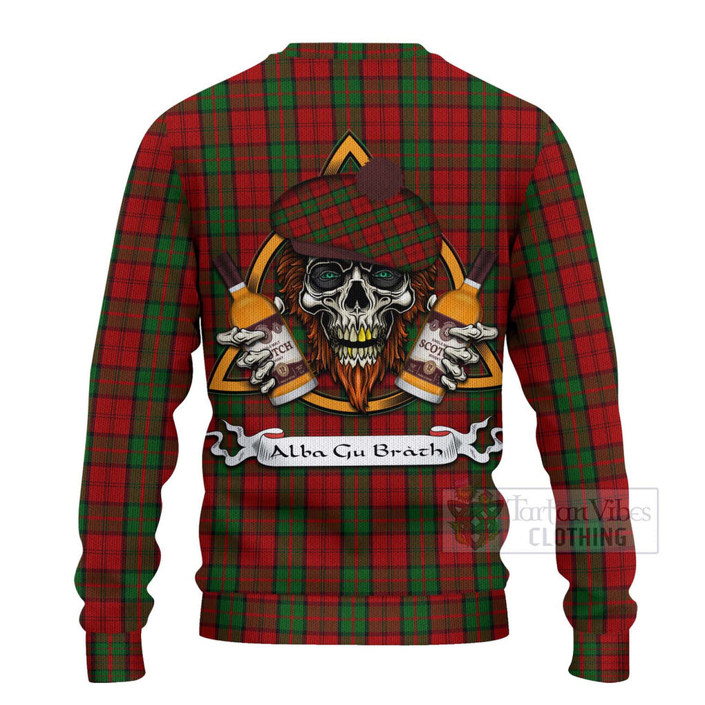 Tartan Vibes Clothing Dunbar Tartan Knitted Sweater with Family Crest and Bearded Skull Holding Bottles of Whiskey