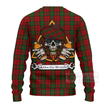 Dunbar Tartan Ugly Sweater with Family Crest and Bearded Skull Holding Bottles of Whiskey