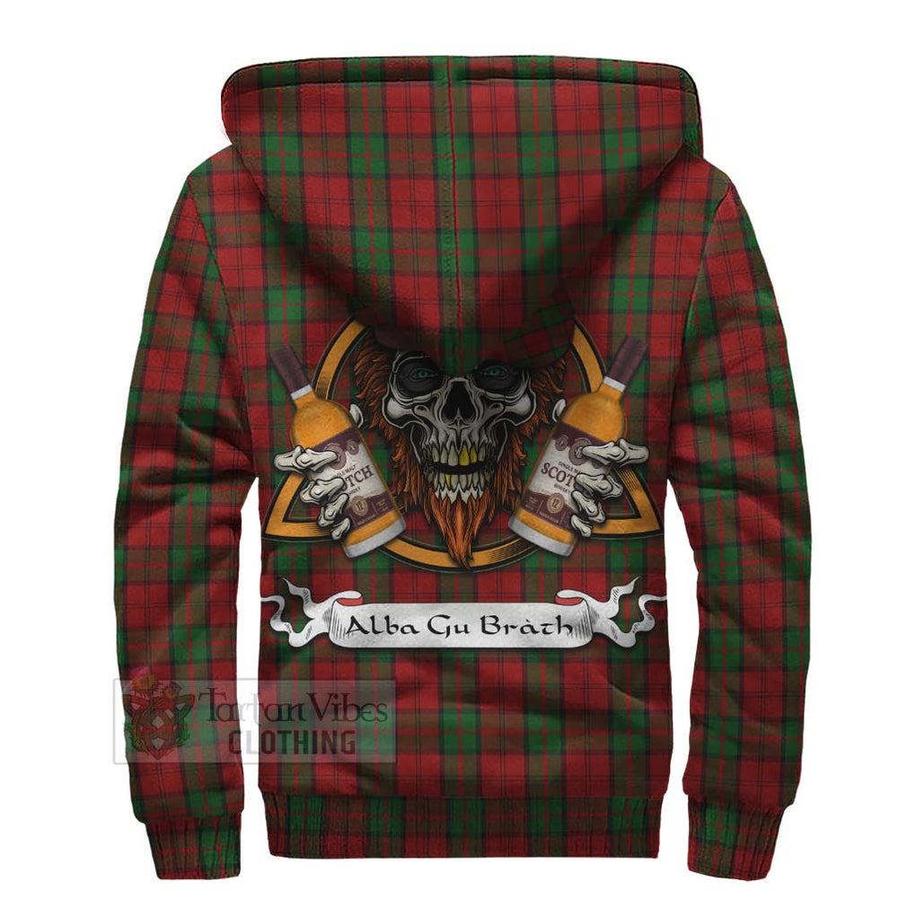 Tartan Vibes Clothing Dunbar Tartan Sherpa Hoodie with Family Crest and Bearded Skull Holding Bottles of Whiskey