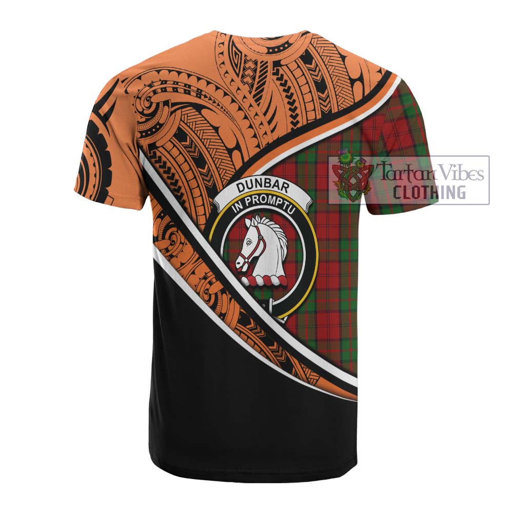 Tartan Vibes Clothing Dunbar Crest Tartan Cotton T-shirt with Maori Tattoo Style - Orange Version