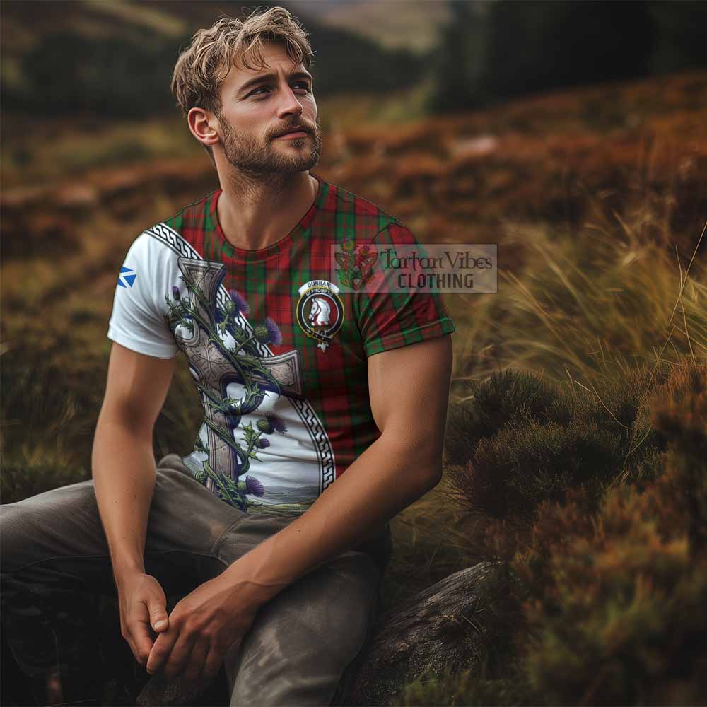 Tartan Vibes Clothing Dunbar Agnew Tartan T-Shirt with Family Crest and St. Andrew's Cross Accented by Thistle Vines