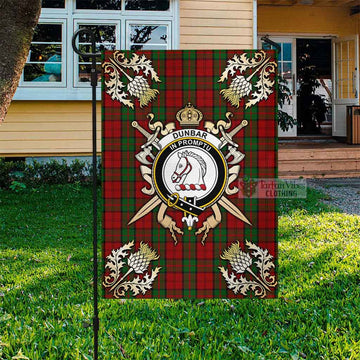 Dunbar Tartan Flag with Family Crest and Golden Thistle Crossed Sword Design