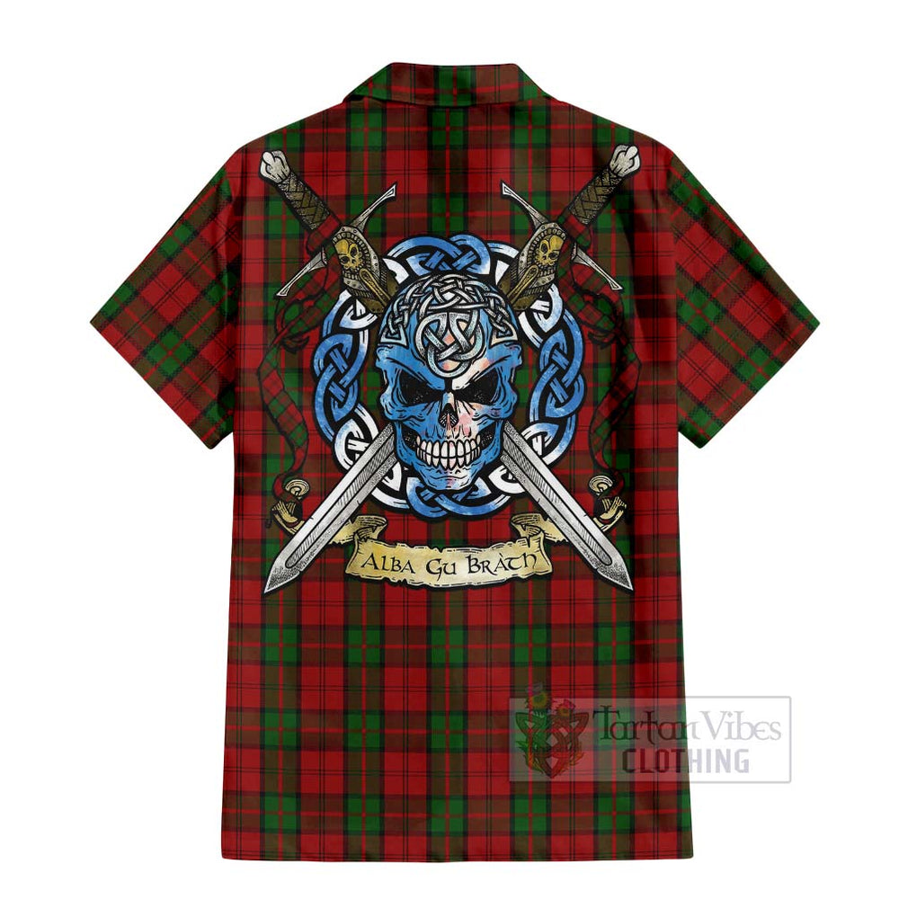 Tartan Vibes Clothing Dunbar Tartan Short Sleeve Button Shirt with Family Crest Celtic Skull Style