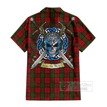 Dunbar Tartan Short Sleeve Button Shirt with Family Crest Celtic Skull Style