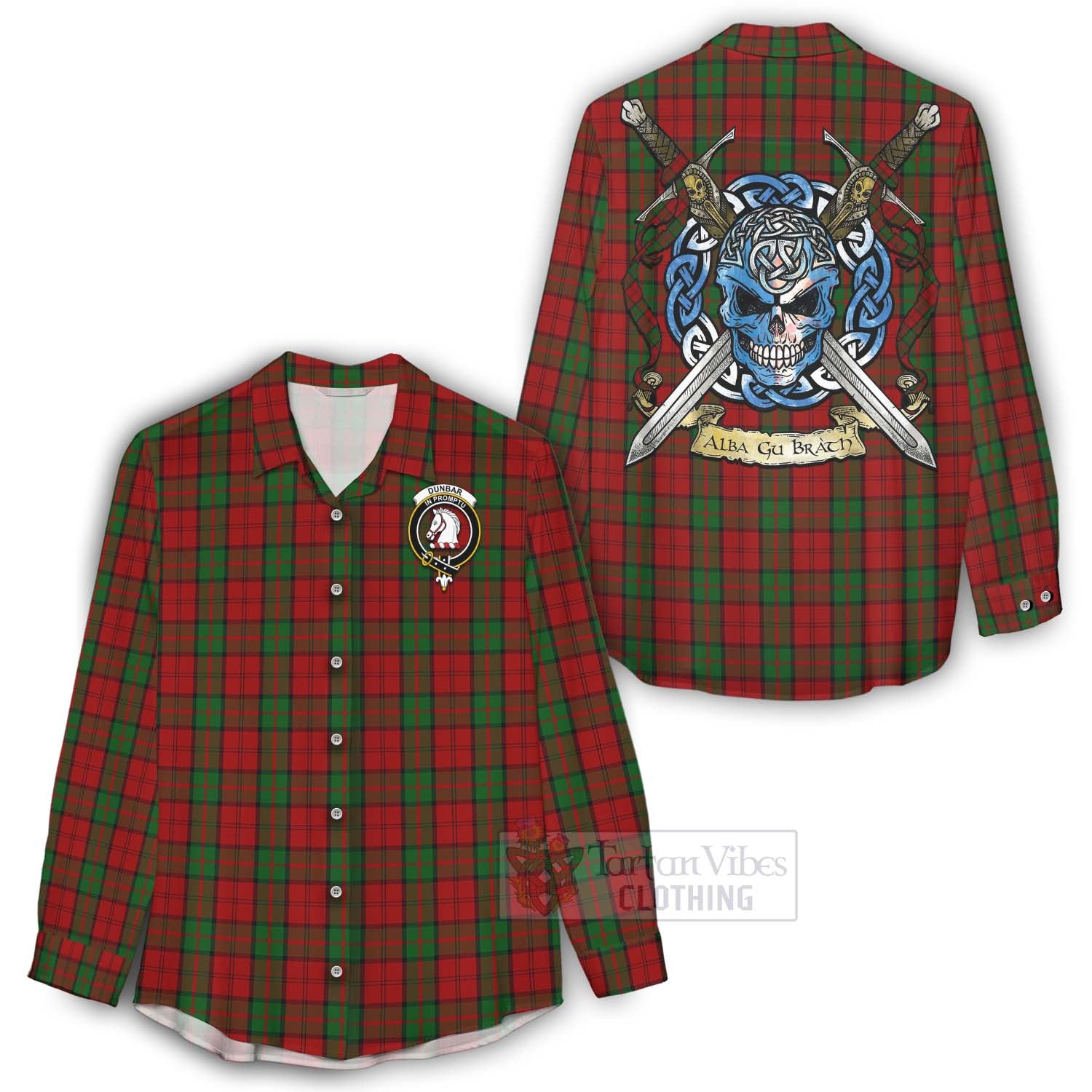 Tartan Vibes Clothing Dunbar Tartan Women's Casual Shirt with Family Crest Celtic Skull Style