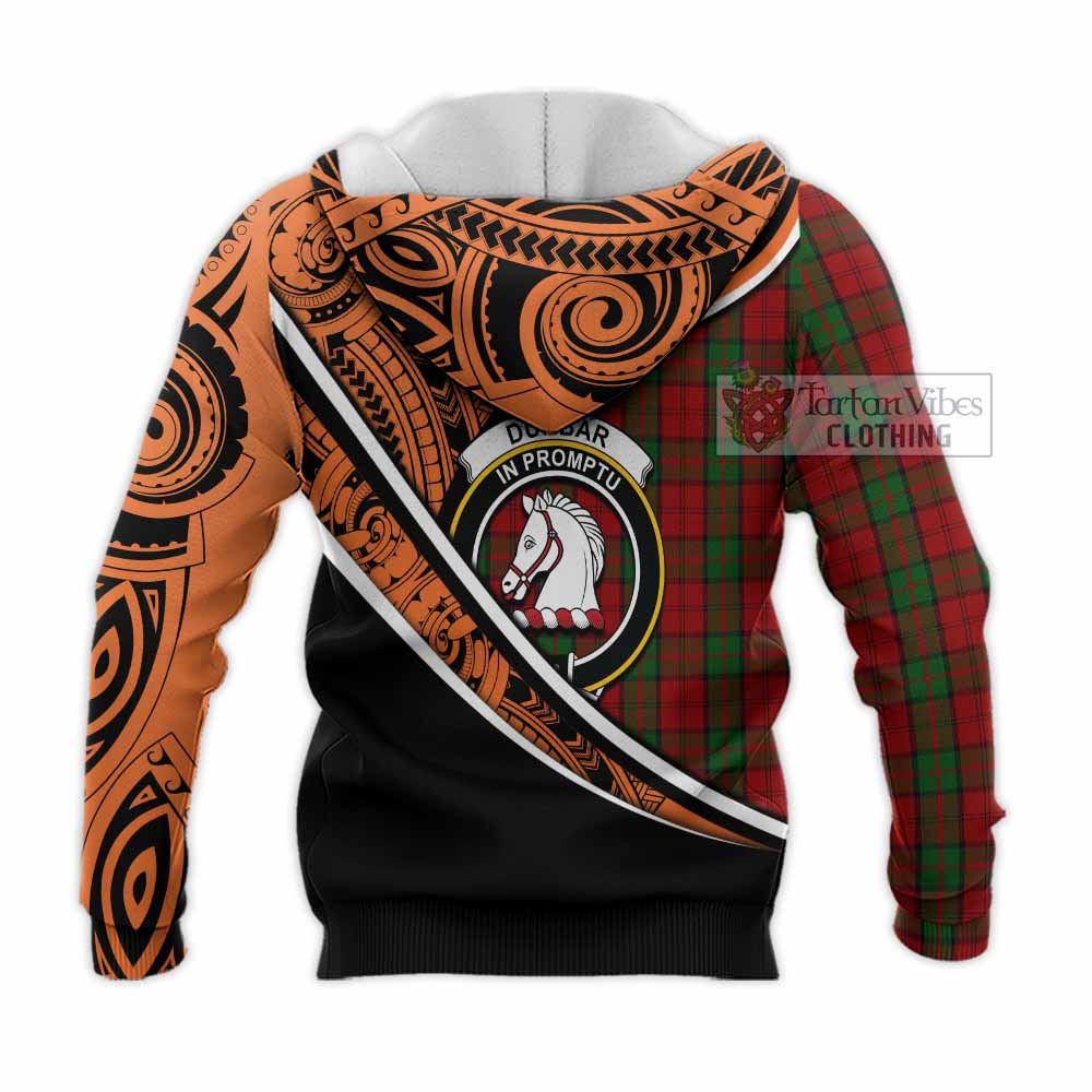 Tartan Vibes Clothing Dunbar Crest Tartan Knitted Hoodie with Maori Tattoo Style - Orange Version