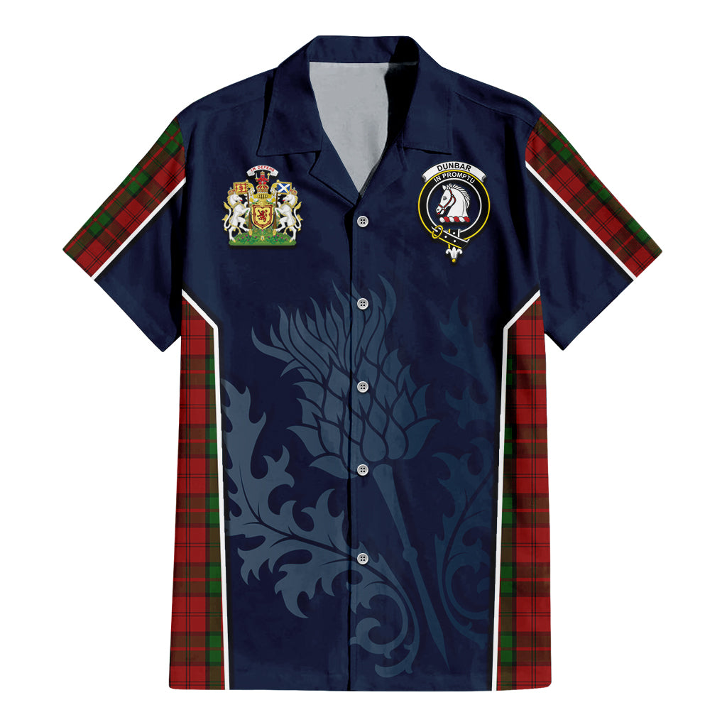 Tartan Vibes Clothing Dunbar Tartan Short Sleeve Button Up Shirt with Family Crest and Scottish Thistle Vibes Sport Style