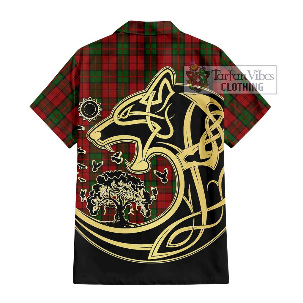 Dunbar Tartan Short Sleeve Button Shirt with Family Crest Celtic Wolf Style - Tartan Vibes Clothing