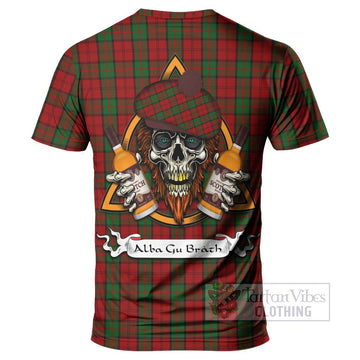 Dunbar Tartan T-Shirt with Family Crest and Bearded Skull Holding Bottles of Whiskey