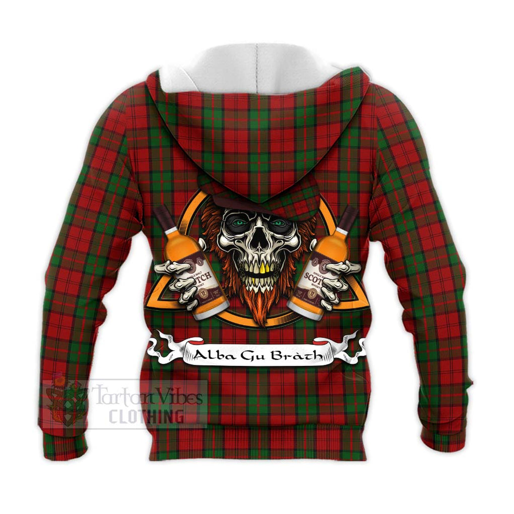 Tartan Vibes Clothing Dunbar Tartan Knitted Hoodie with Family Crest and Bearded Skull Holding Bottles of Whiskey