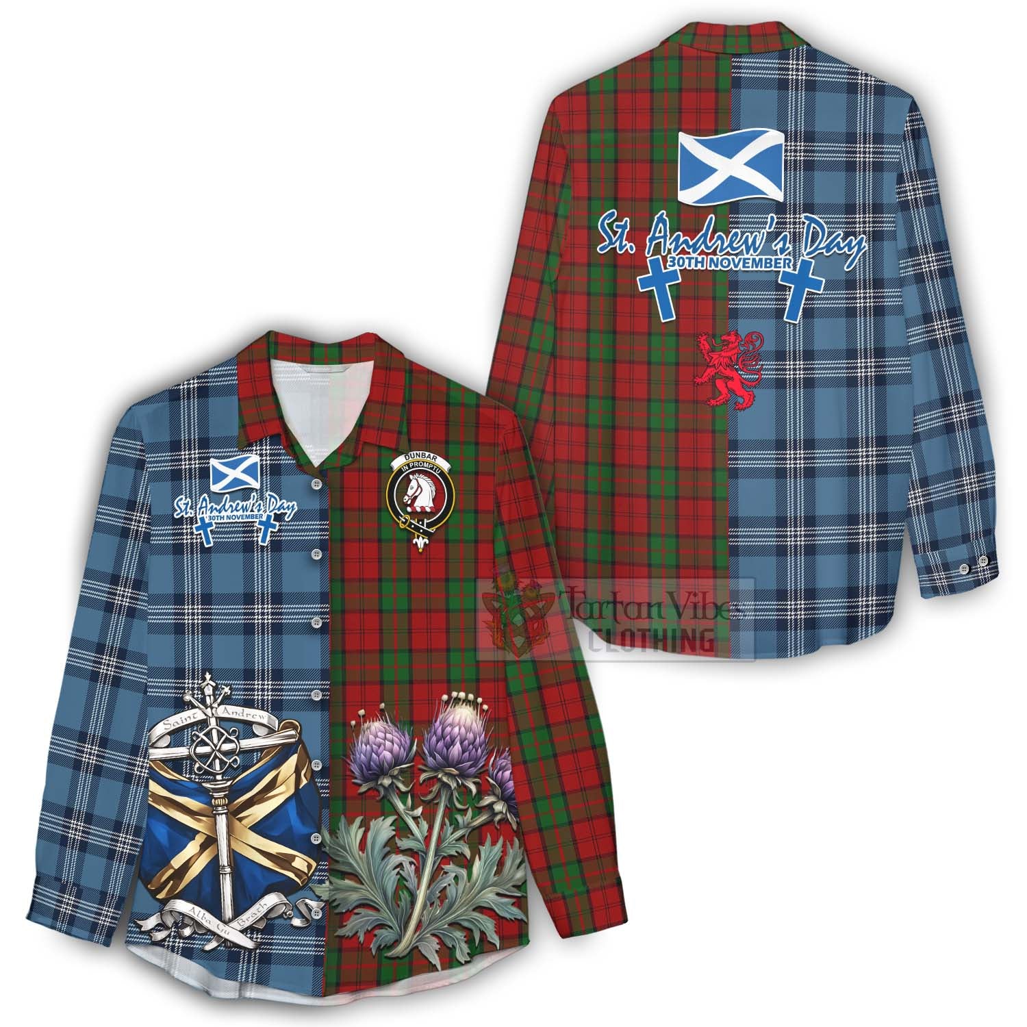 Tartan Vibes Clothing Dunbar Tartan Women's Casual Shirt Happy St. Andrew's Day Half Tartan Style