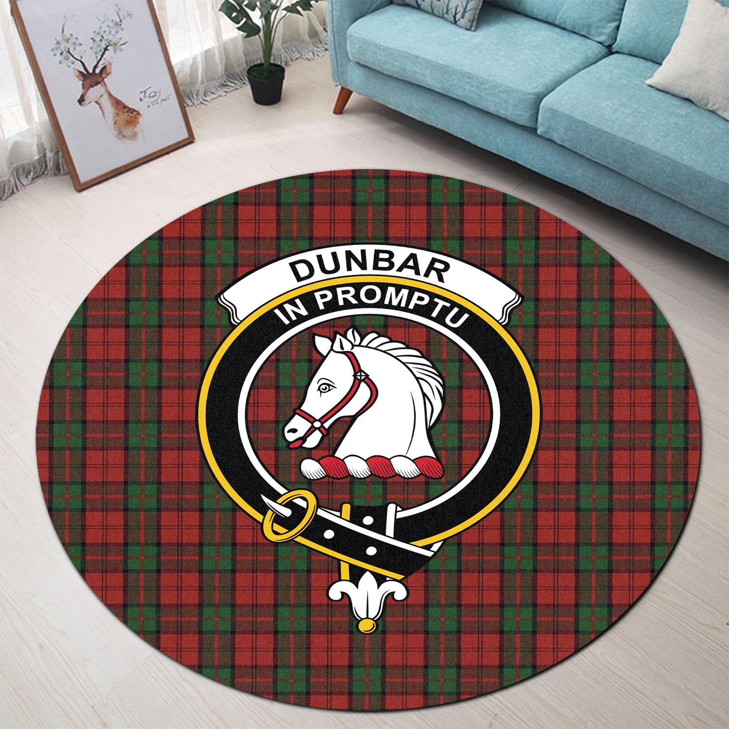 Dunbar Tartan Round Rug with Family Crest - Tartanvibesclothing