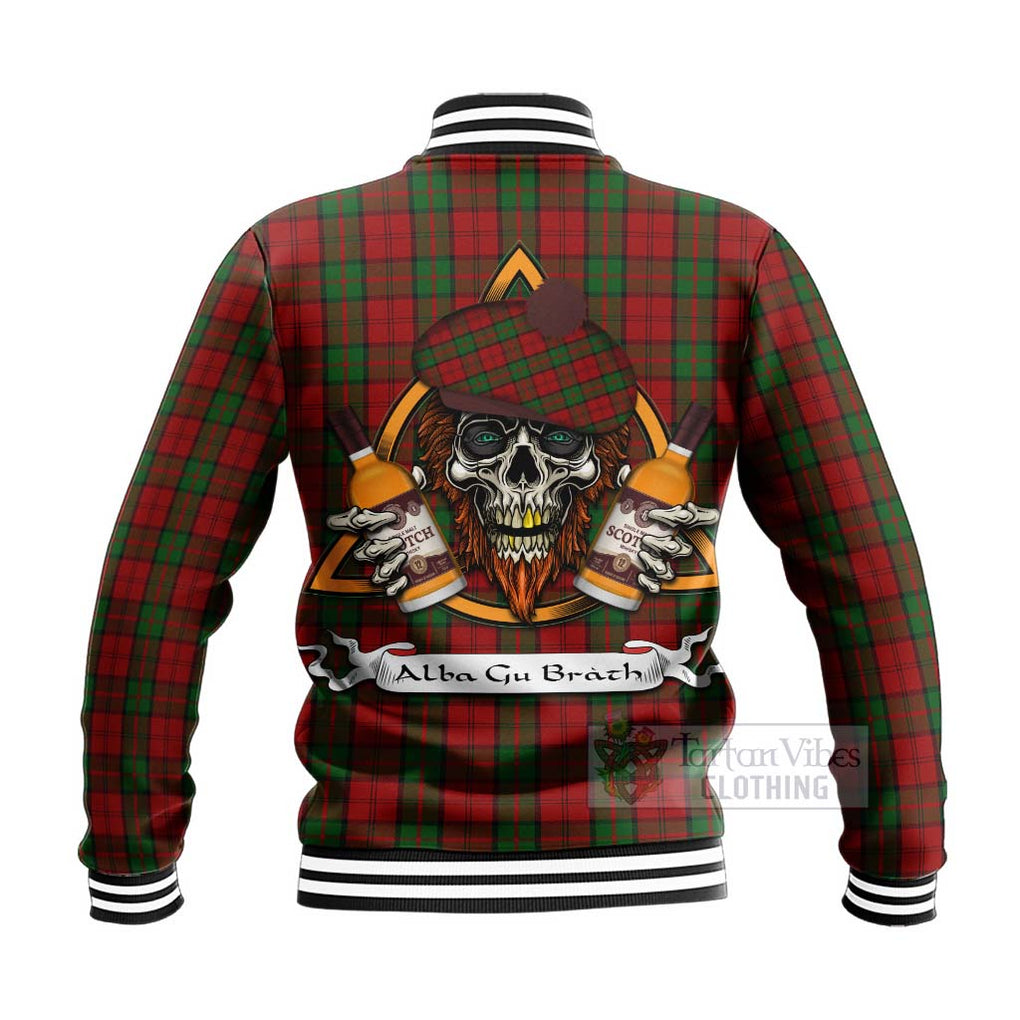 Tartan Vibes Clothing Dunbar Tartan Baseball Jacket with Family Crest and Bearded Skull Holding Bottles of Whiskey