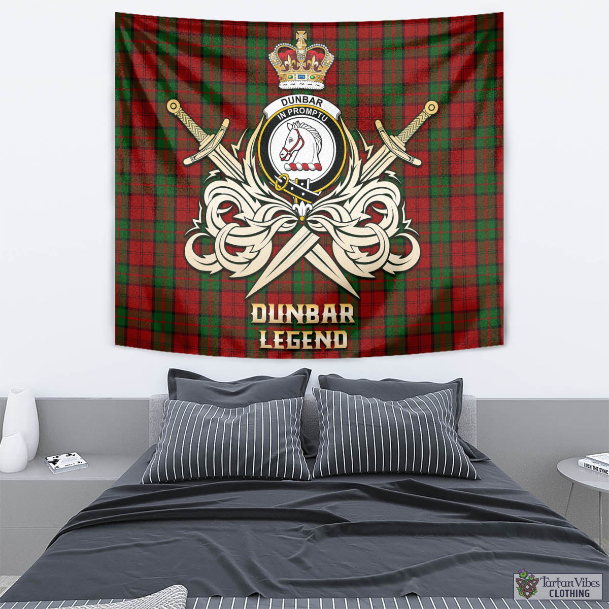 Tartan Vibes Clothing Dunbar Tartan Tapestry with Clan Crest and the Golden Sword of Courageous Legacy