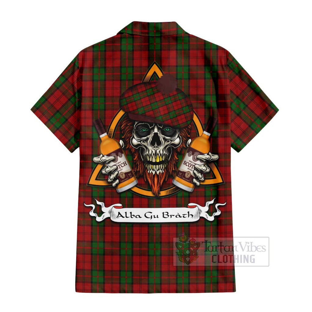 Tartan Vibes Clothing Dunbar Tartan Short Sleeve Button Shirt with Family Crest and Bearded Skull Holding Bottles of Whiskey