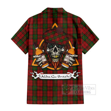 Dunbar Tartan Short Sleeve Button Shirt with Family Crest and Bearded Skull Holding Bottles of Whiskey