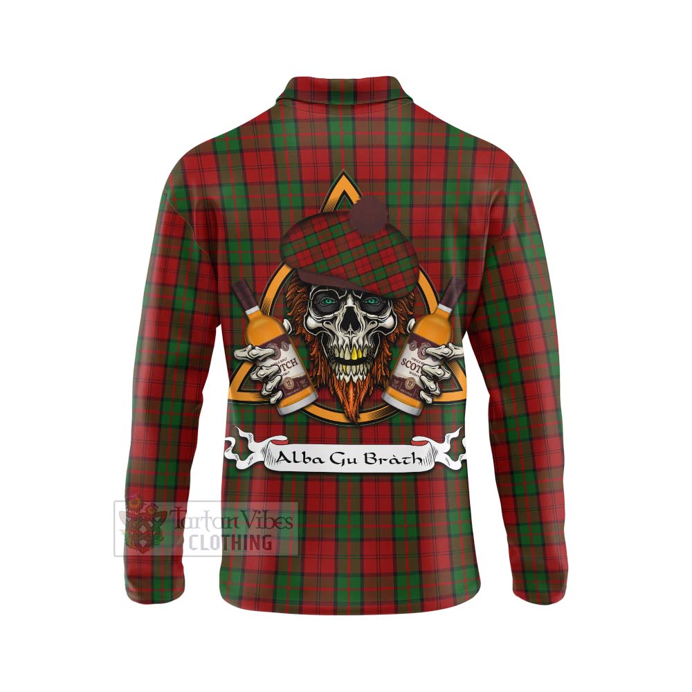 Tartan Vibes Clothing Dunbar Tartan Long Sleeve Polo Shirt with Family Crest and Bearded Skull Holding Bottles of Whiskey