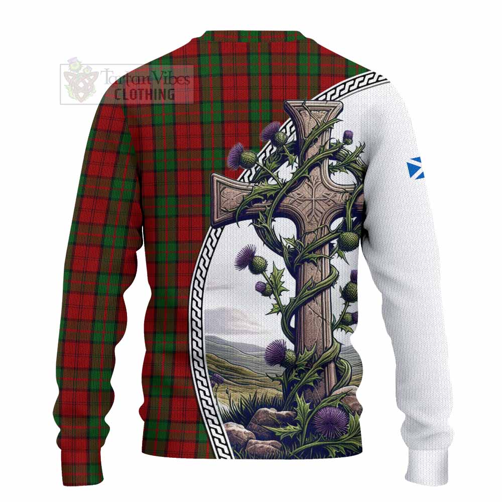 Tartan Vibes Clothing Dunbar Tartan Knitted Sweater with Family Crest and St. Andrew's Cross Accented by Thistle Vines