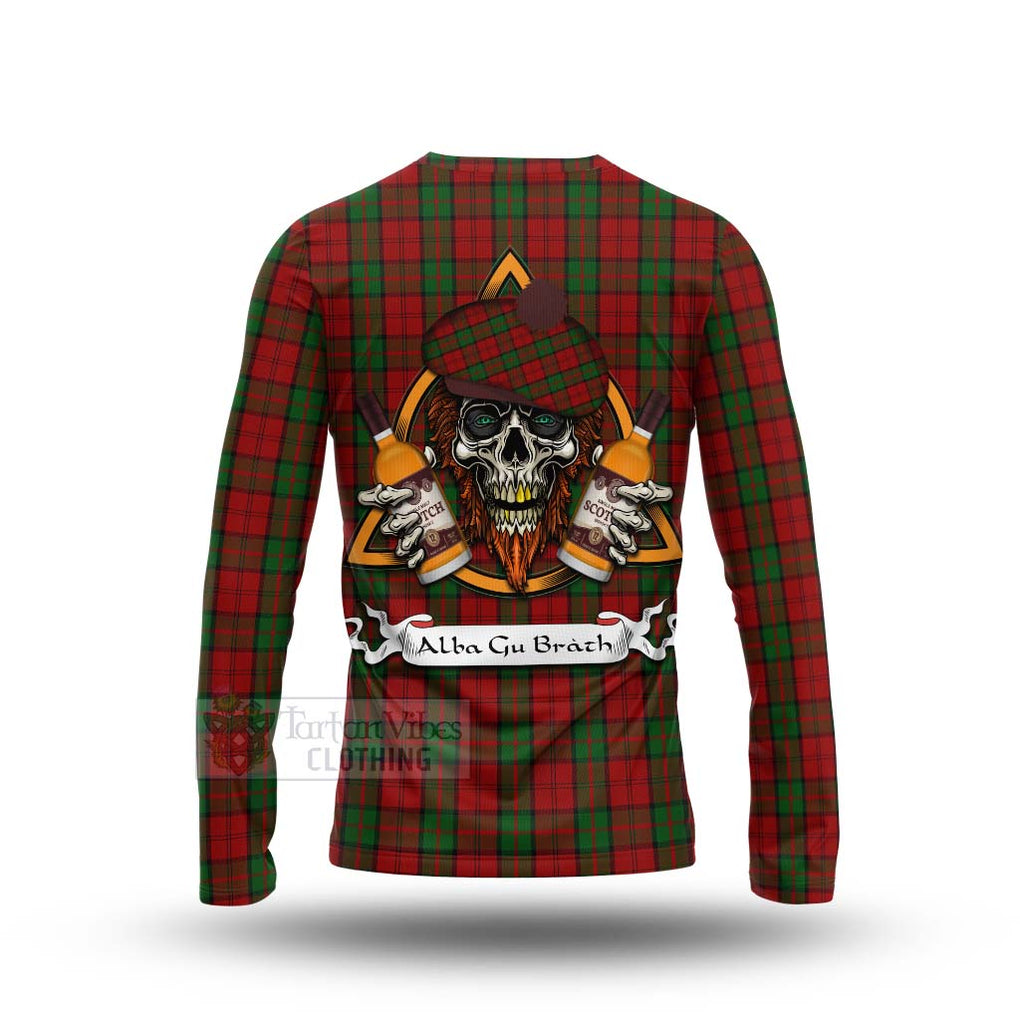 Tartan Vibes Clothing Dunbar Tartan Long Sleeve T-Shirt with Family Crest and Bearded Skull Holding Bottles of Whiskey