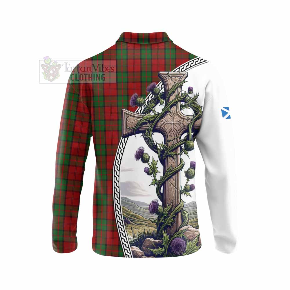 Tartan Vibes Clothing Dunbar Tartan Long Sleeve Polo Shirt with Family Crest and St. Andrew's Cross Accented by Thistle Vines