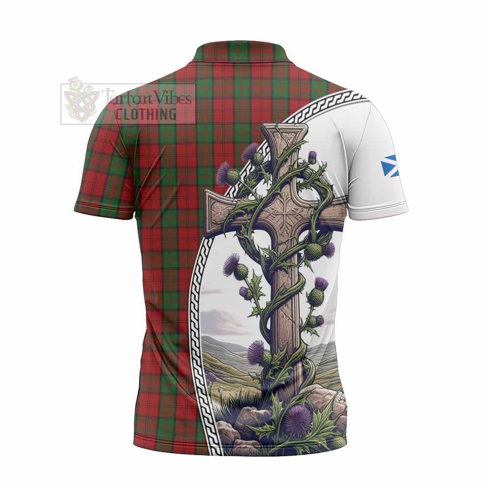 Tartan Vibes Clothing Dunbar Tartan Zipper Polo Shirt with Family Crest and St. Andrew's Cross Accented by Thistle Vines