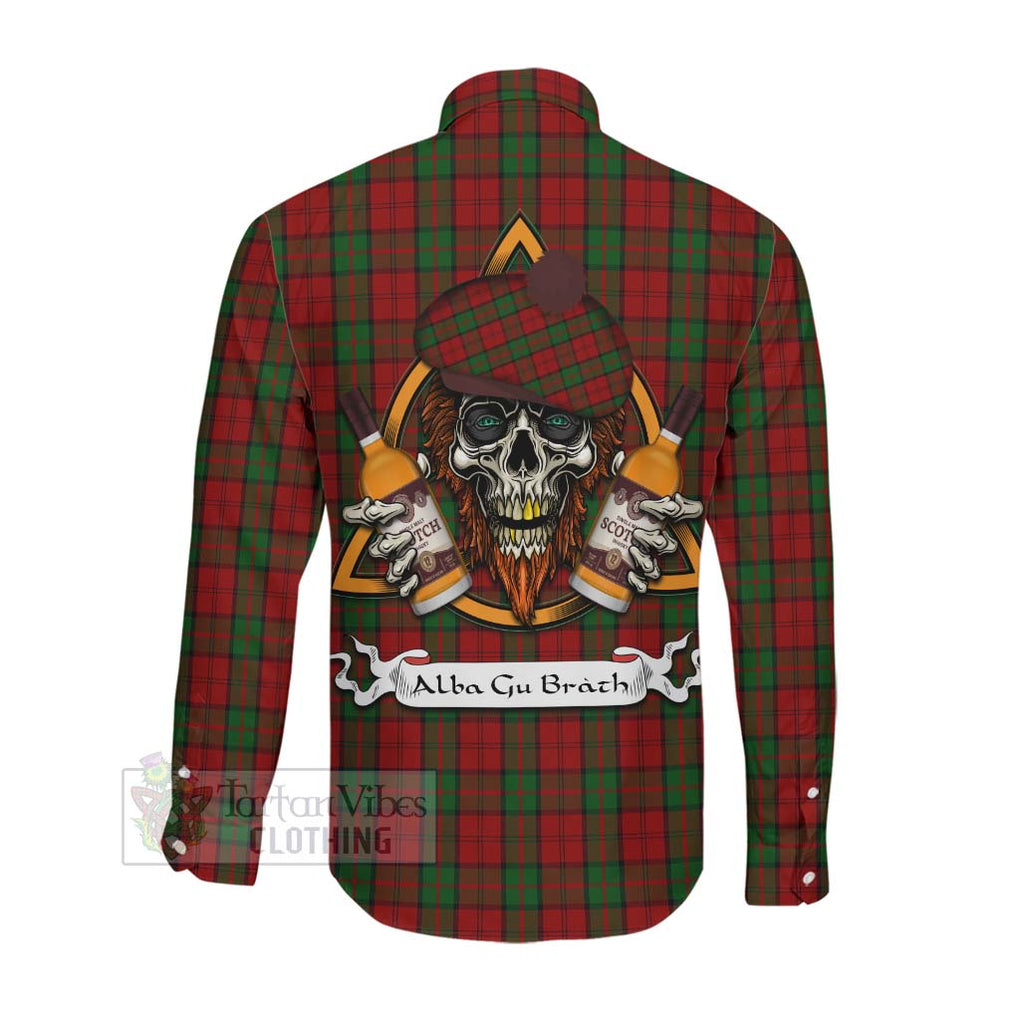 Tartan Vibes Clothing Dunbar Tartan Long Sleeve Button Shirt with Family Crest and Bearded Skull Holding Bottles of Whiskey