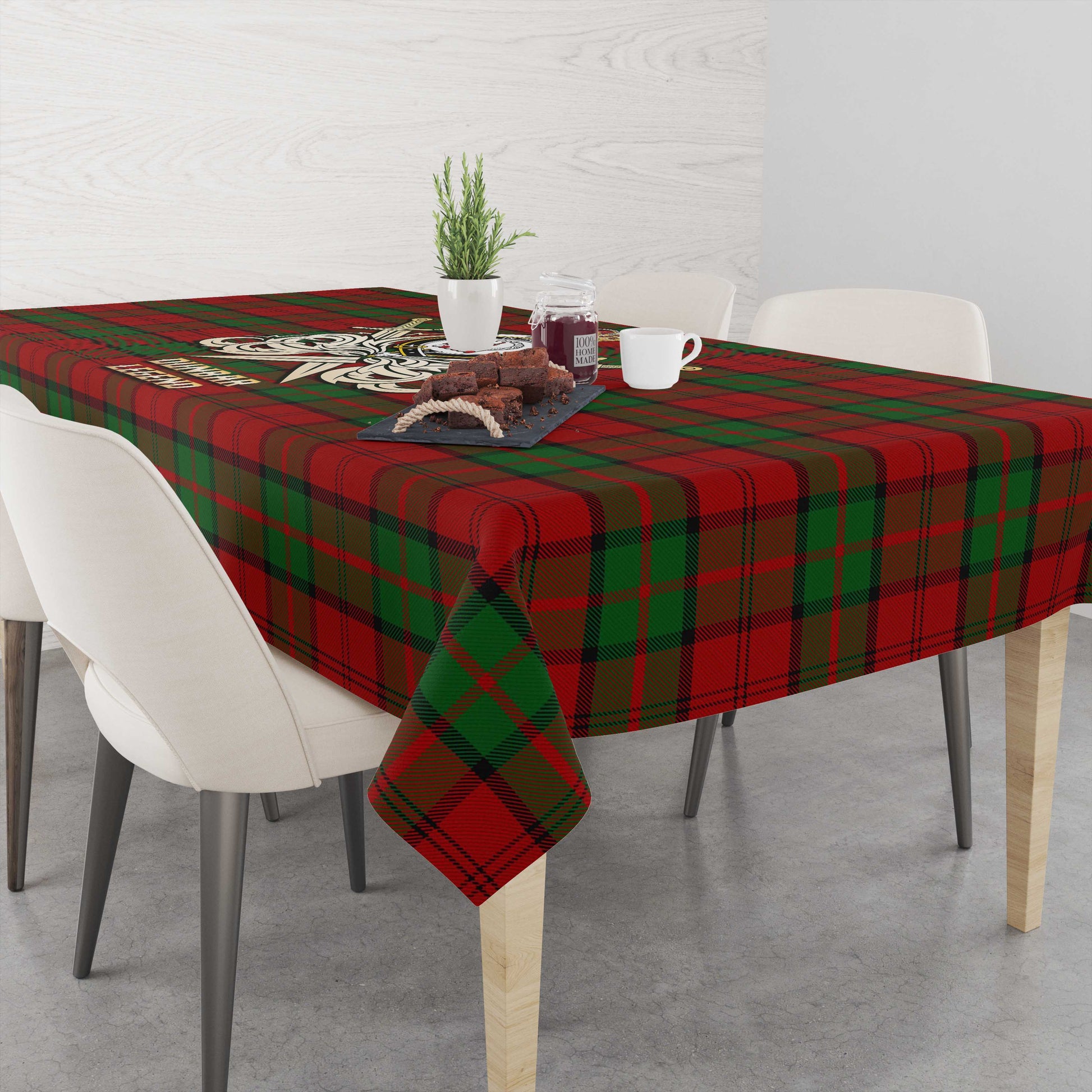 Tartan Vibes Clothing Dunbar Tartan Tablecloth with Clan Crest and the Golden Sword of Courageous Legacy