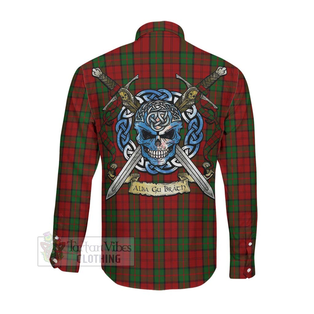 Tartan Vibes Clothing Dunbar Tartan Long Sleeve Button Shirt with Family Crest Celtic Skull Style