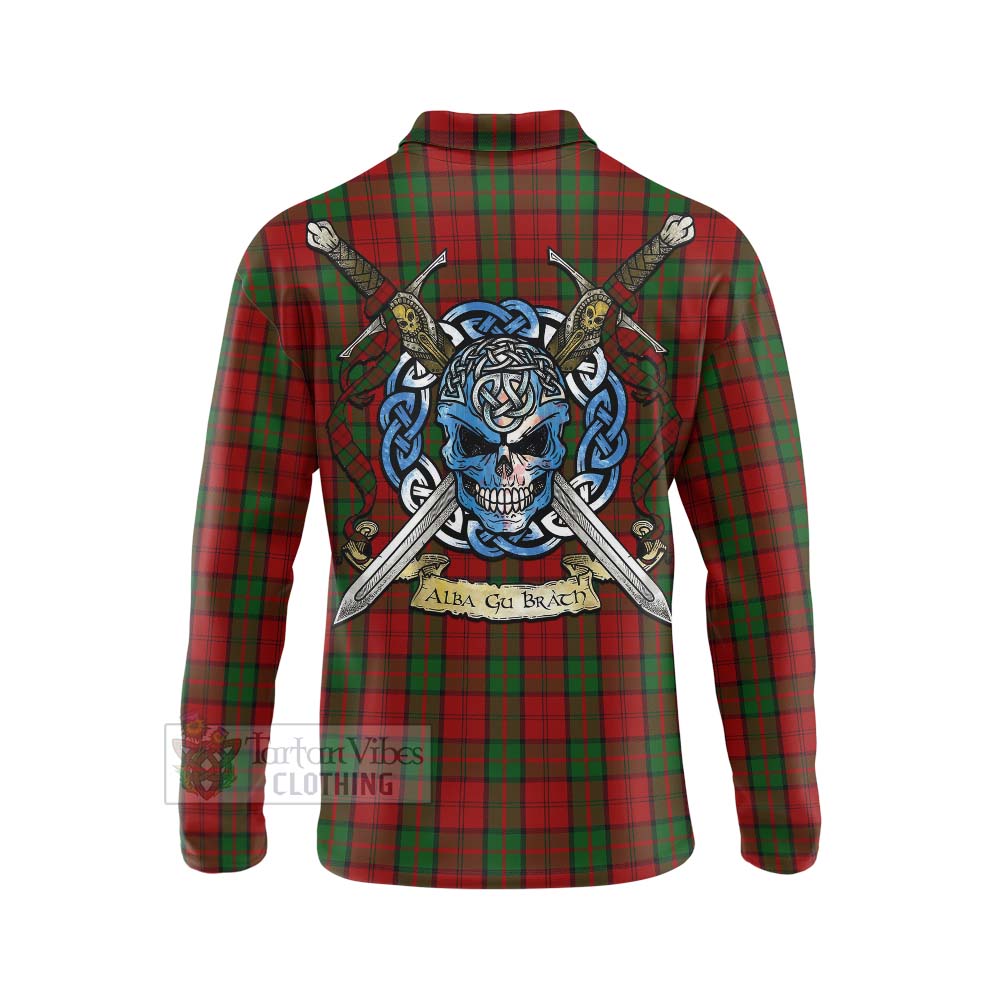 Tartan Vibes Clothing Dunbar Tartan Long Sleeve Polo Shirt with Family Crest Celtic Skull Style