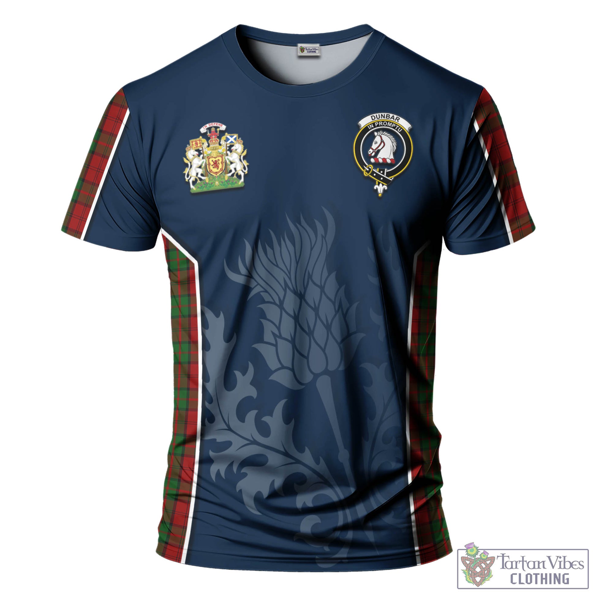 Tartan Vibes Clothing Dunbar Tartan T-Shirt with Family Crest and Scottish Thistle Vibes Sport Style