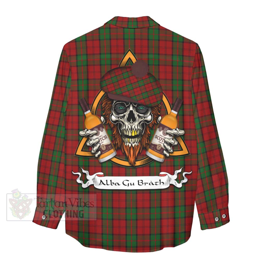 Tartan Vibes Clothing Dunbar Tartan Women's Casual Shirt with Family Crest and Bearded Skull Holding Bottles of Whiskey