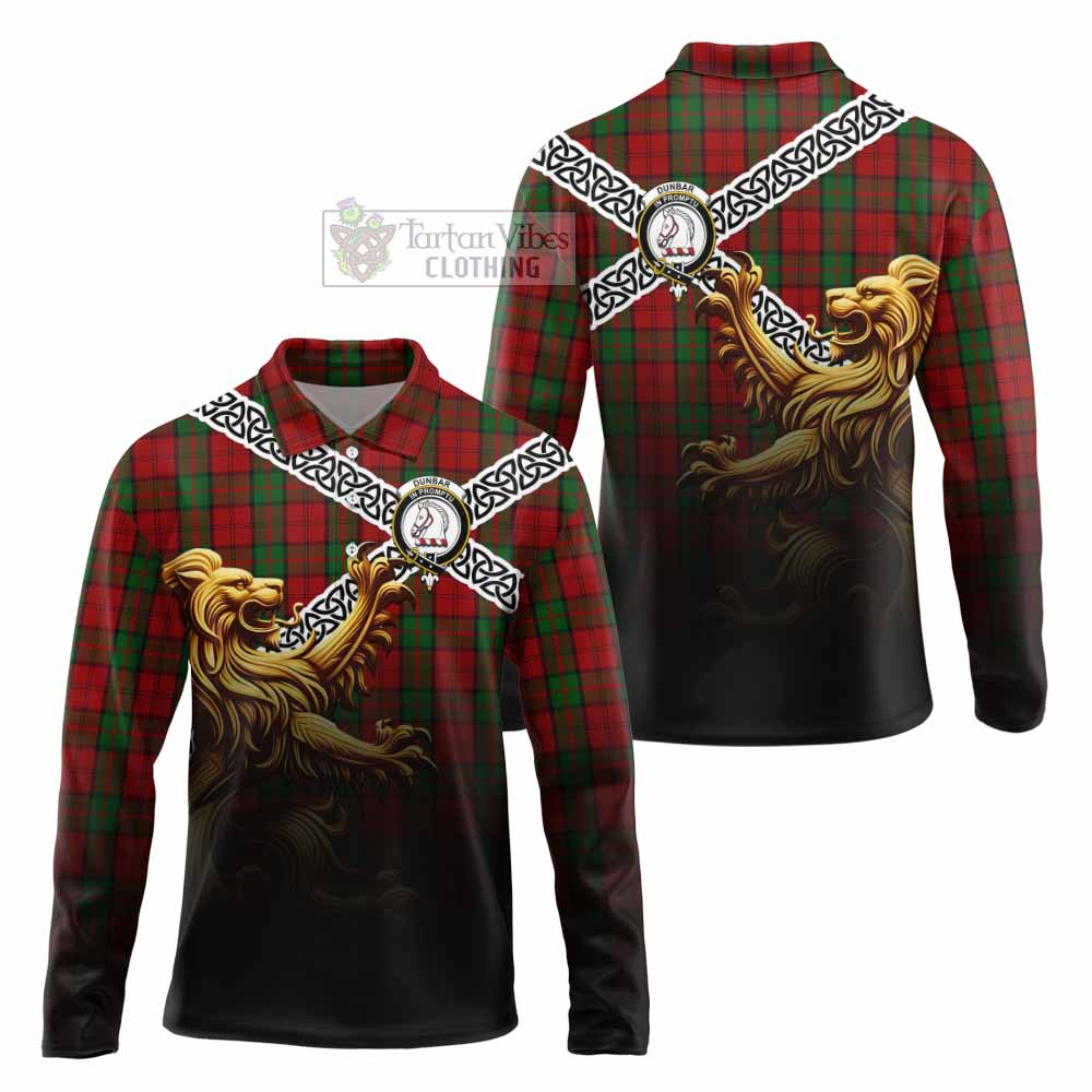 Dunbar Crest Tartan Long Sleeve Polo Shirt with Golden Lion Emblem Celtic Style - Tartan Vibes Clothing