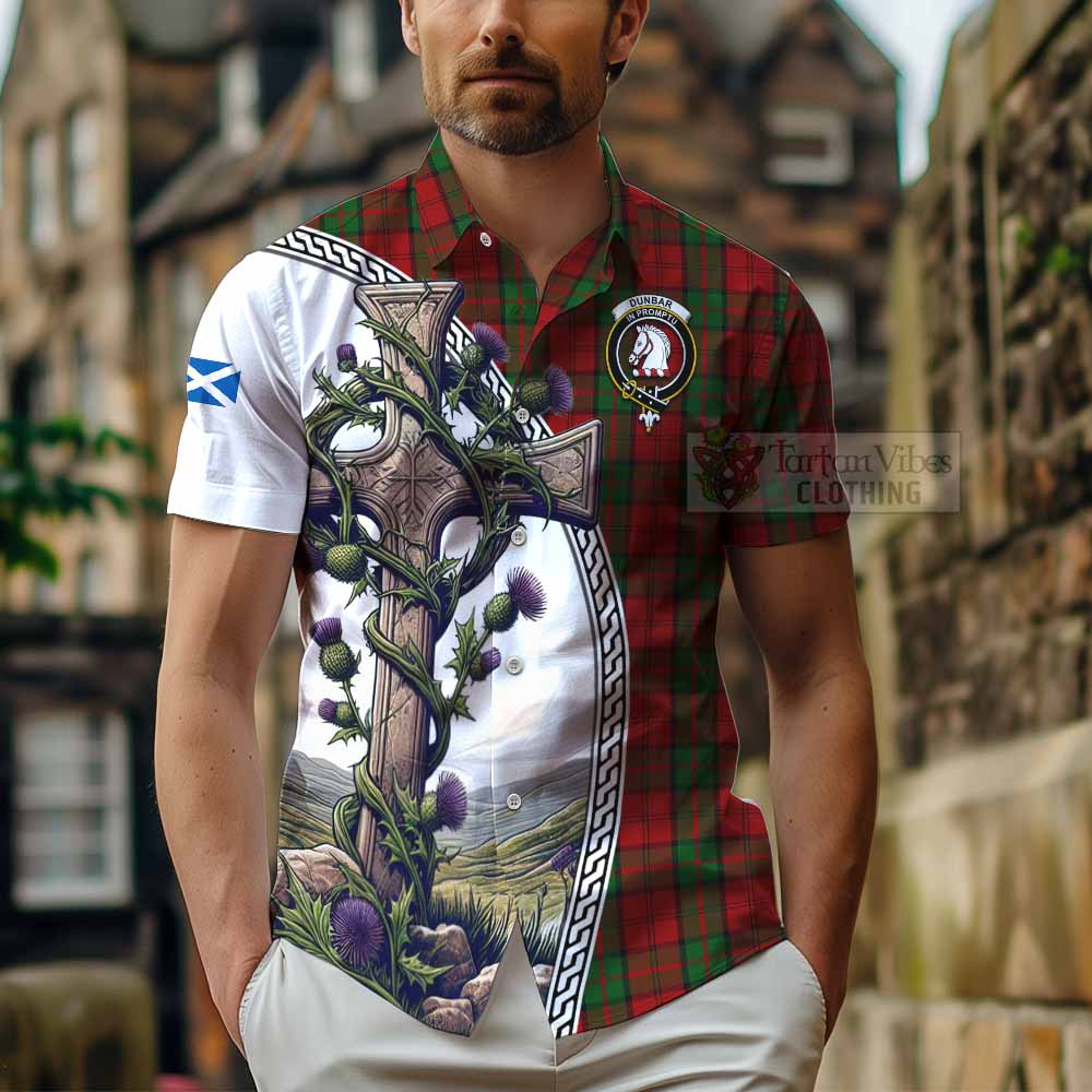 Tartan Vibes Clothing Dunbar Tartan Short Sleeve Button Shirt with Family Crest and St. Andrew's Cross Accented by Thistle Vines