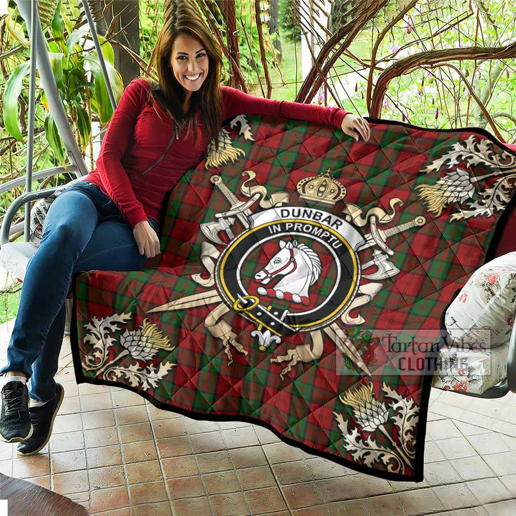 Tartan Vibes Clothing Dunbar Tartan Quilt with Family Crest and Scottish Golden Courage Shield