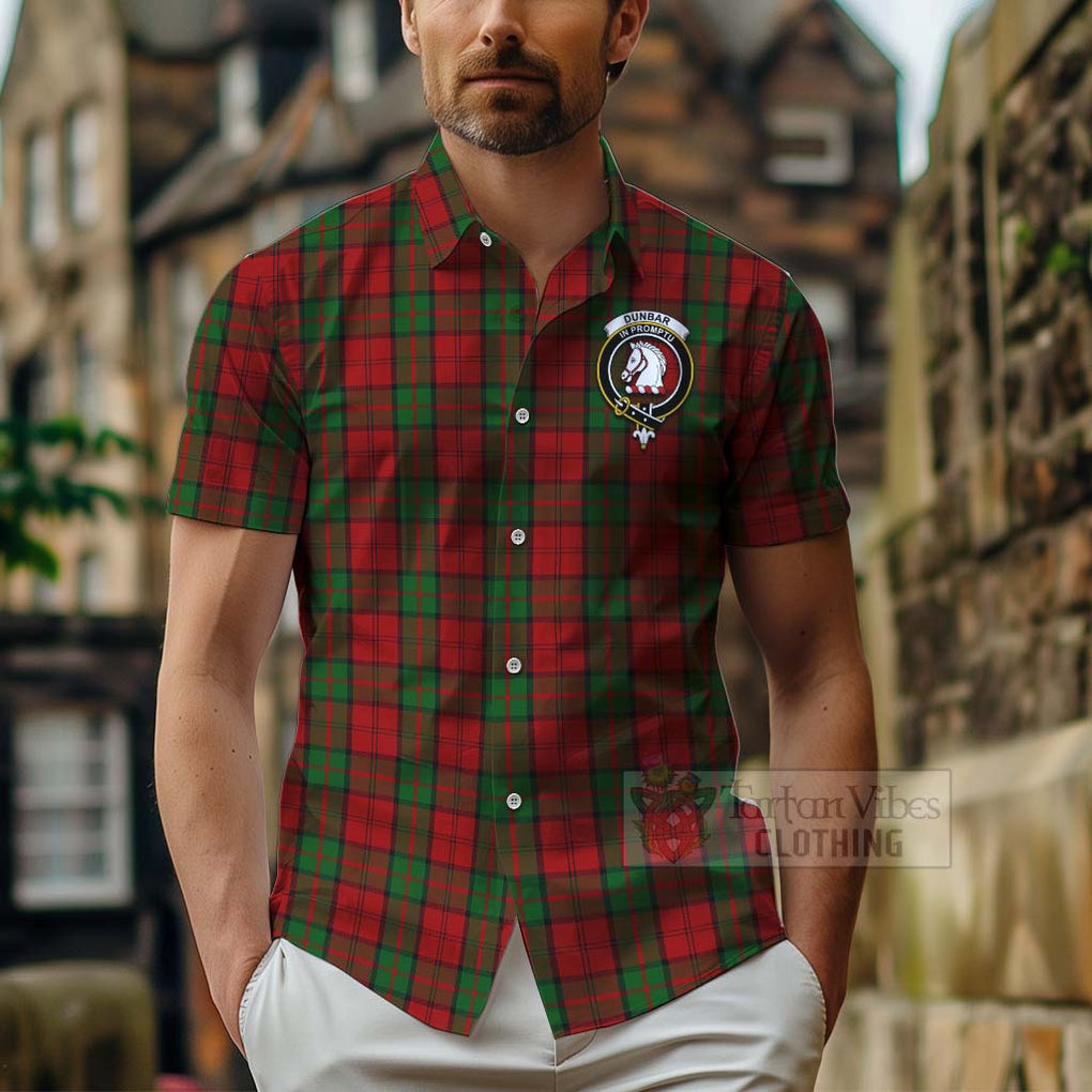 Tartan Vibes Clothing Dunbar Tartan Short Sleeve Button Shirt with Family Crest and Bearded Skull Holding Bottles of Whiskey