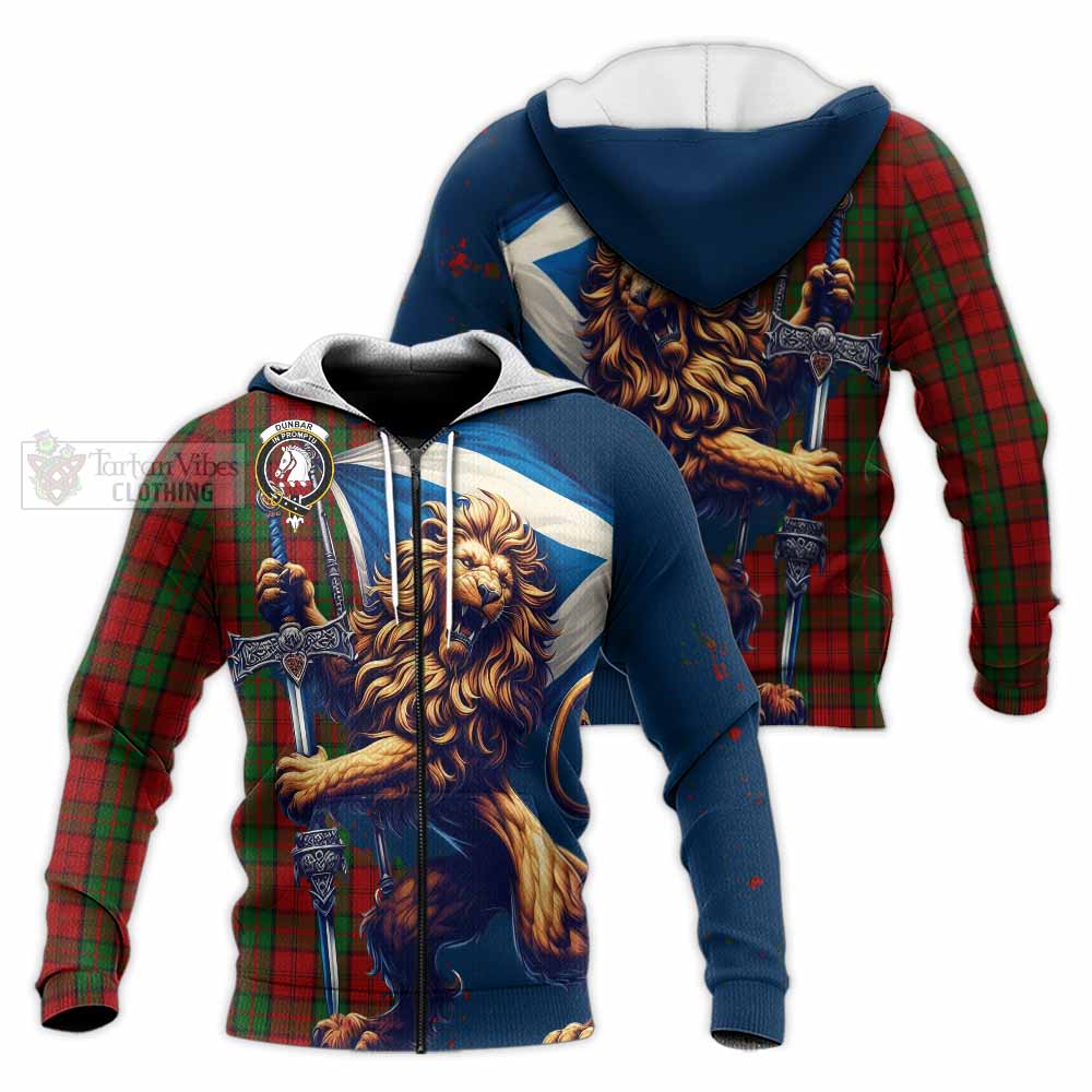 Tartan Vibes Clothing Dunbar Tartan Family Crest Knitted Hoodie with Scottish Majestic Lion