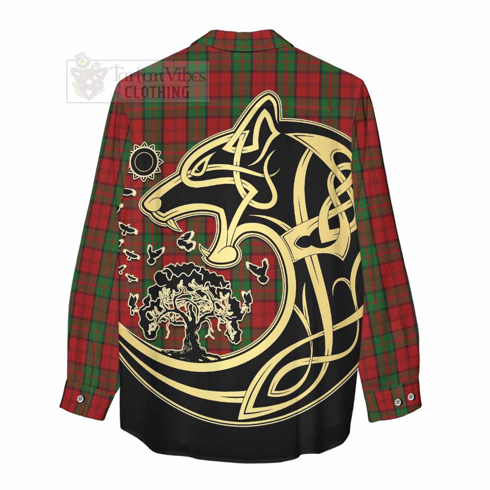 Tartan Vibes Clothing Dunbar Tartan Women's Casual Shirt with Family Crest Celtic Wolf Style