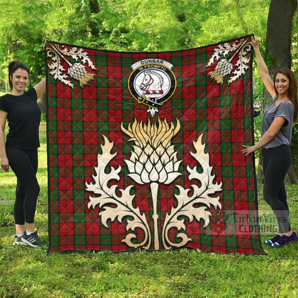 Tartan Vibes Clothing Dunbar Tartan Quilt with Family Crest and Golden Thistle Style