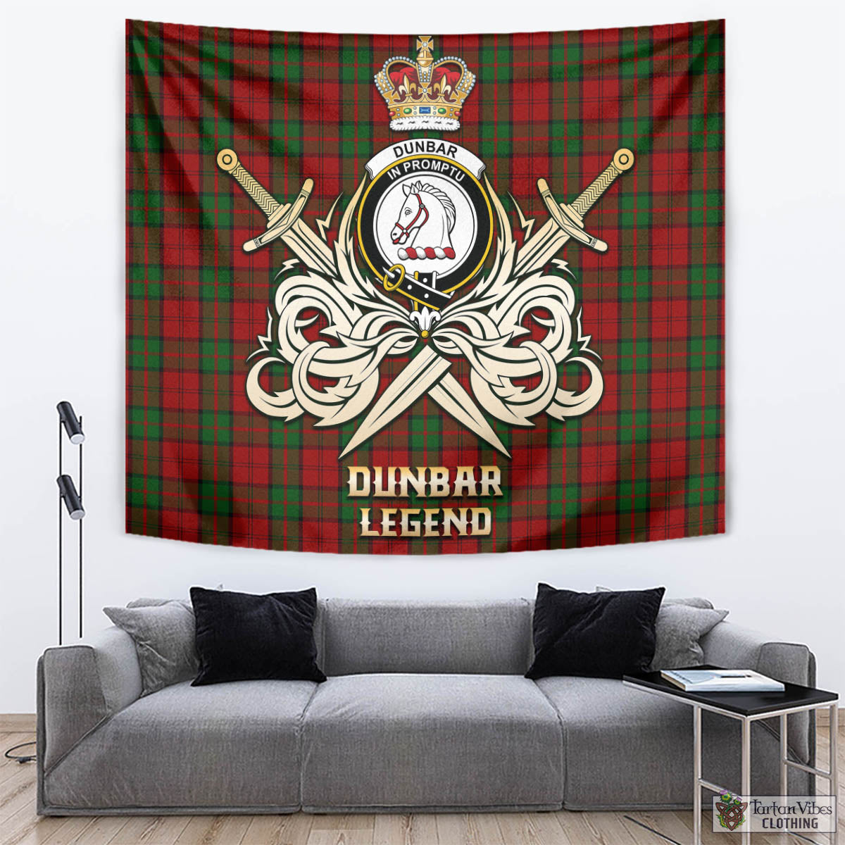 Tartan Vibes Clothing Dunbar Tartan Tapestry with Clan Crest and the Golden Sword of Courageous Legacy