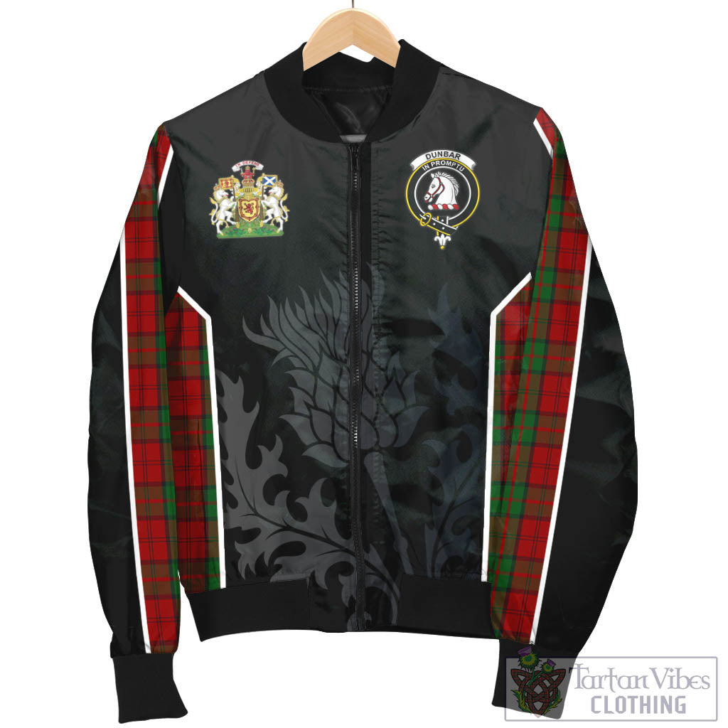 Tartan Vibes Clothing Dunbar Tartan Bomber Jacket with Family Crest and Scottish Thistle Vibes Sport Style