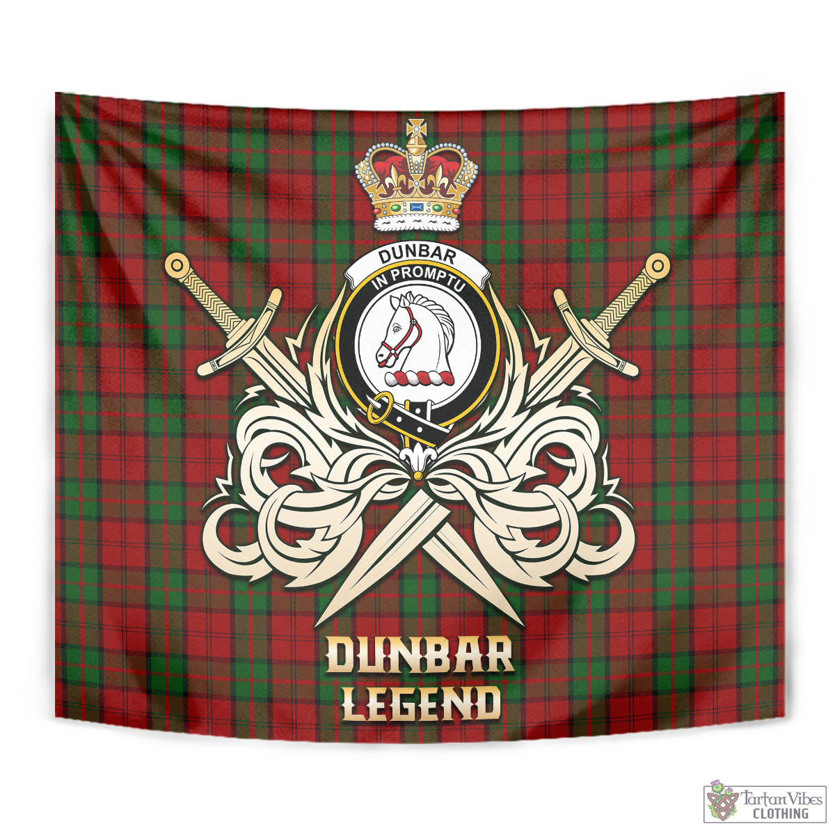 Tartan Vibes Clothing Dunbar Tartan Tapestry with Clan Crest and the Golden Sword of Courageous Legacy