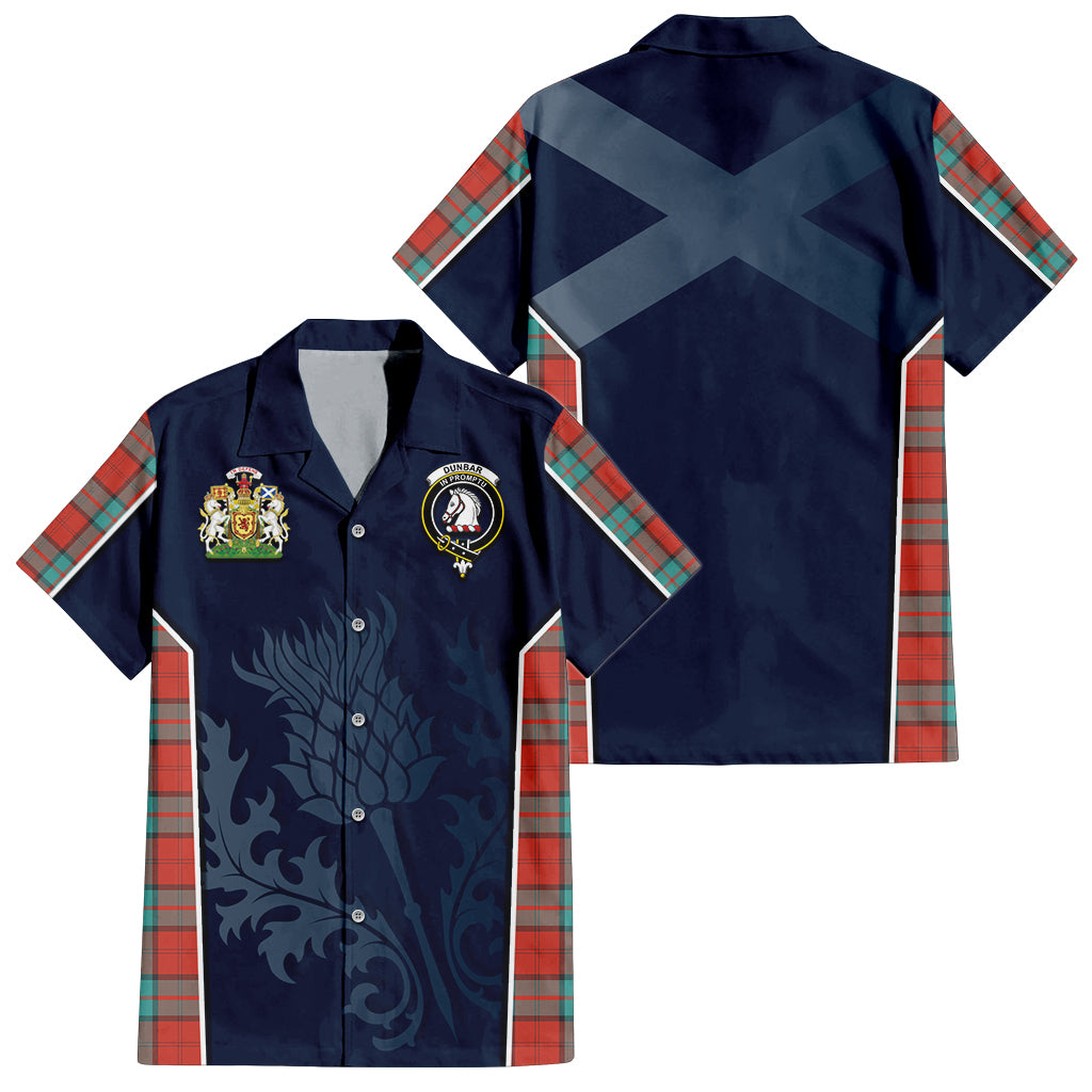 Tartan Vibes Clothing Dunbar Ancient Tartan Short Sleeve Button Up Shirt with Family Crest and Scottish Thistle Vibes Sport Style