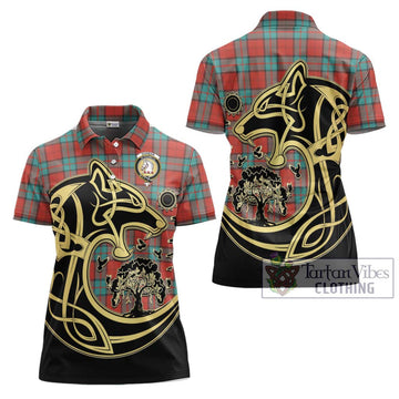 Dunbar Ancient Tartan Women's Polo Shirt with Family Crest Celtic Wolf Style